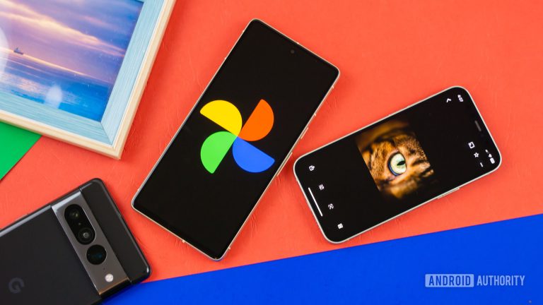 Gogole-photos-logo-on-smartphone-next-to-other-devices-and-picture-frame-Stock-photo-3