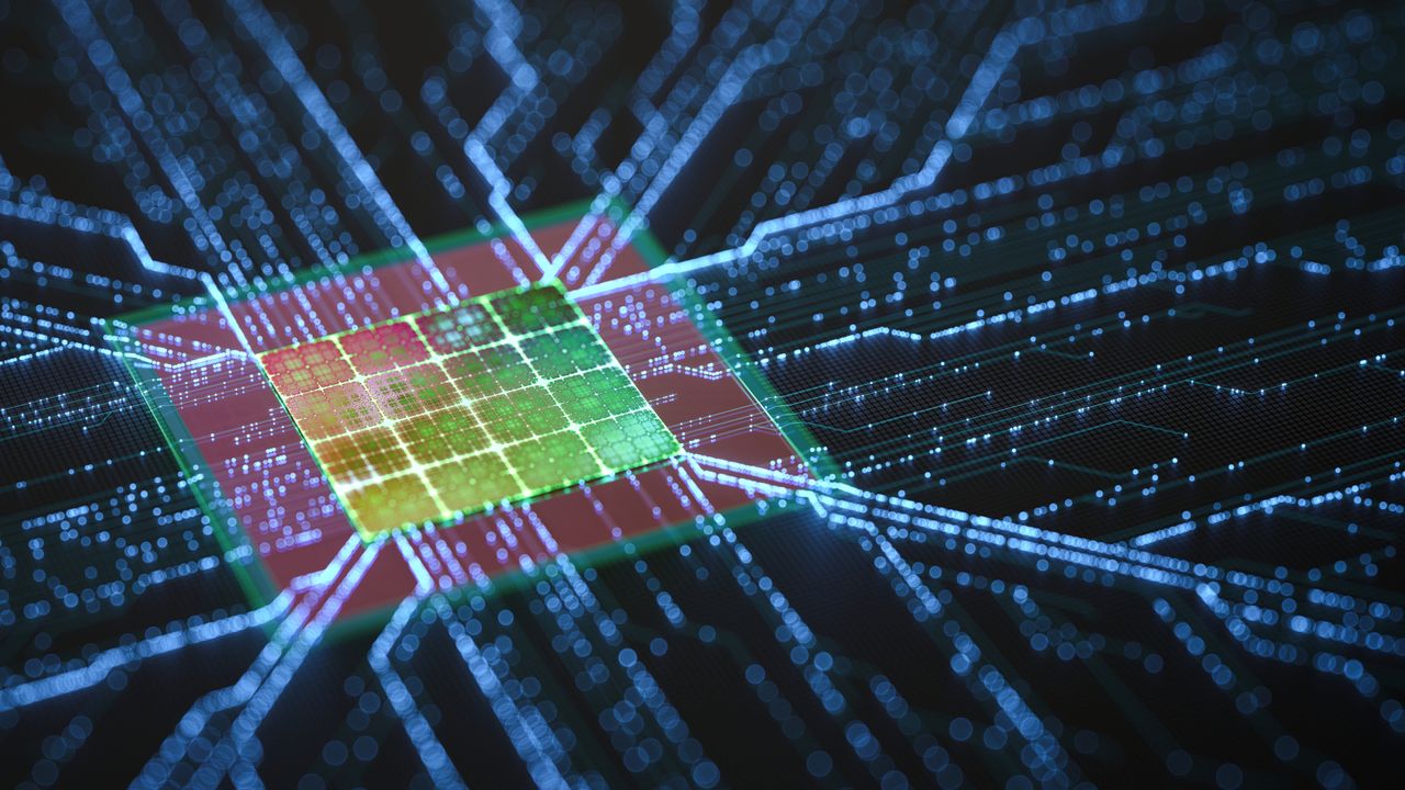 Futuristic Microchip with Glowing Data Connections