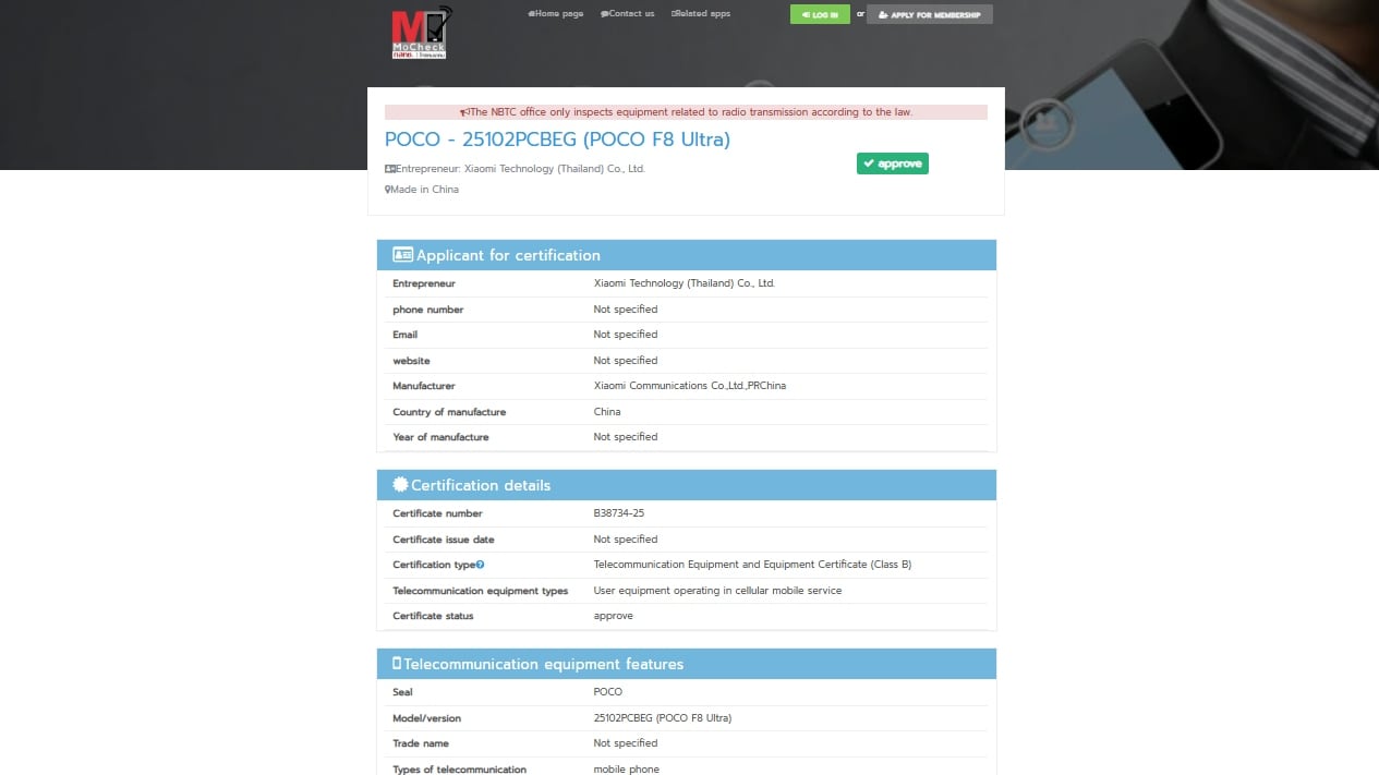 Poco F8 Ultra Listing on NBTC Certification Website Hints at Imminent Launch